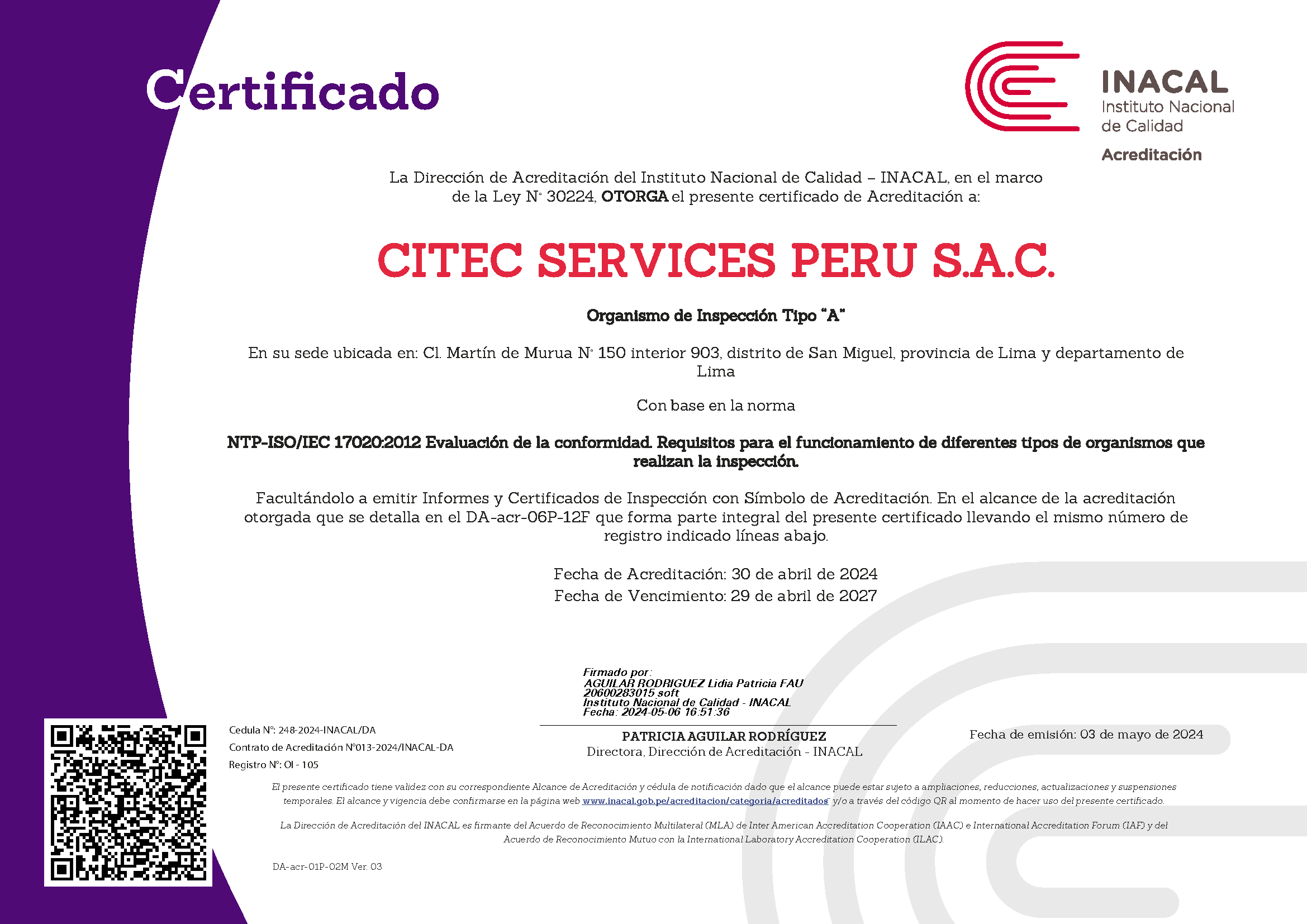 Certificado ISO 17020 — CITEC Services Perú